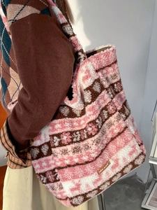 Sac fourre-tout en peluche à motif ethnique rose et marron pour le style d'hiver