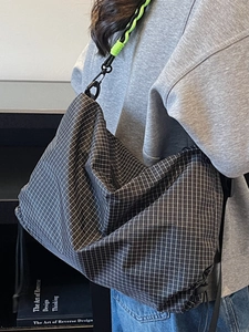 Large capacity checkered crossbody tote bag with adjustable woven strap for casual sports