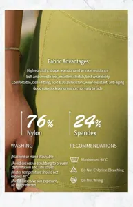 Detail of green yoga shorts showing side pocket stitching and fabric composition label