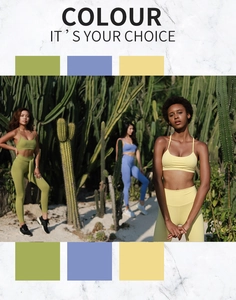 Detailed view of high-waisted yoga sets in olive green, pale blue, and soft yellow colors