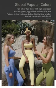 Three-color athletic yoga sets in avocado green, yellow, and blue on outdoor models