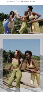 Detail of high waist yoga set with back tie design shown in a natural outdoor farm setting