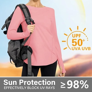 Pink sun protection shirt detail showing thumbholes and UPF 50+ rating for UV blocking