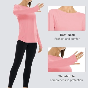 Detailed view of boat neck design and thumb hole cuffs on pink yoga workout shirt