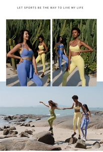 Detail of high waist yoga leggings with tie-knot waist and sports bra in various colors