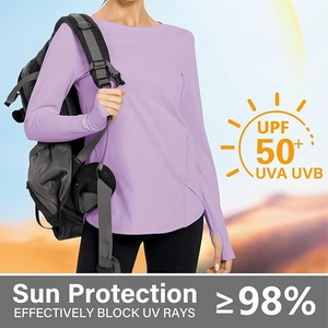 Detail of light purple UPF 50+ sun protection shirt with thumb holes for outdoor hiking