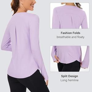 Detail of light purple yoga top featuring a stylish back fold and side split hemline
