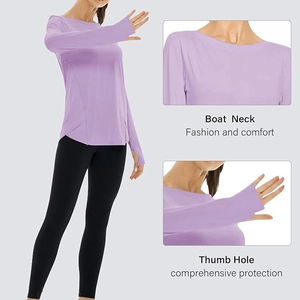 Detail of lavender yoga top featuring boat neck design and thumb holes for sun protection