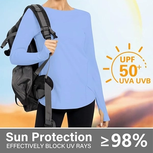 UPF 50+ sun protection shirt with thumb holes detail for women during outdoor hiking