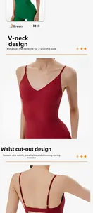Detail of the V-neck cutout design and straps on a green fitness jumpsuit