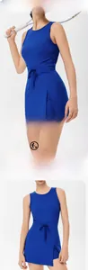 Detail of navy backless tennis skort featuring drawstring waist and built-in shorts
