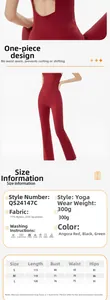 Size chart for slim fit backless yoga bodysuit with detailed dimensions and fabric specs