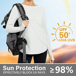 Detail of UPF 50+ sun protection yoga shirt with thumb holes and outdoor backpack