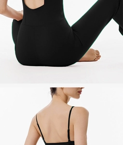 Detail view of the sleek backless design and elastic fabric on this black yoga bodysuit