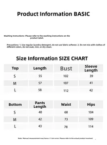 Size chart and washing guide for women's V-neck long sleeve sweatshirt and shorts set