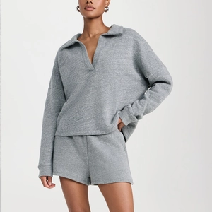 Women's grey casual two-piece lounge set with V-neck sweatshirt and matching shorts