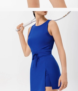 Macro shot of royal blue sports dress showing drawstring waist and side slit detail