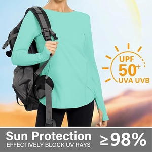 Detail of UPF 50+ sun protection yoga top with thumb holes and side split design