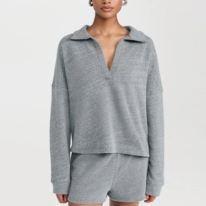 Women's Casual Cotton Blend Long Sleeve V-Neck Polo Top And Shorts Heathered Loose Fit Sporty Outfit For Daily Wear