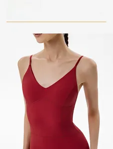 Detail of slim fit Ancora Red yoga bodysuit featuring a deep V-neck and thin straps