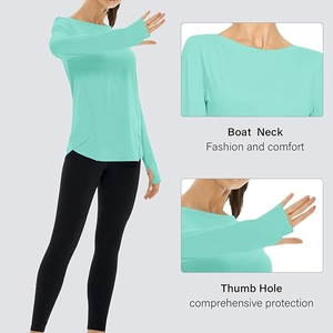Detail view of boat neck design and thumb holes on mint green yoga long sleeve t-shirt