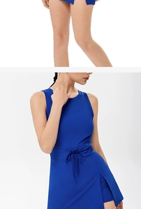 Close-up of drawstring waist and side slit detail on blue backless tennis dress