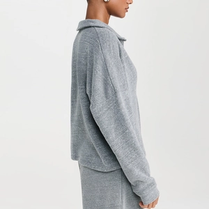 Women's heather grey V-neck loose long sleeve top and shorts set for casual outdoor fitness