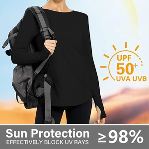 UPF 50+ black yoga top with thumbholes and split hem for outdoor sun protection