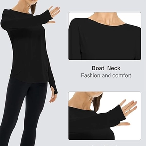 Detail view of boat neck and thumb hole design on black long sleeve yoga top