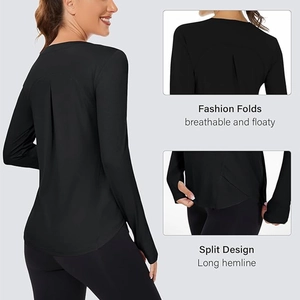 Close-up of black breathable yoga top featuring fashion back folds and split hem details