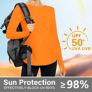 Detail of orange UPF 50+ yoga shirt with thumb holes and outdoor backpack scene