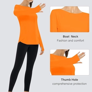 Detail view of orange sun protection yoga shirt with boat neck and thumb hole sleeves