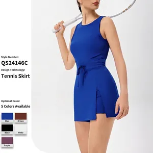 Women Backless Tennis Dress Drawstring Side Slit Sleeveless High Impact Sports Dress With Chest Pad Yoga Mini Skort Dress