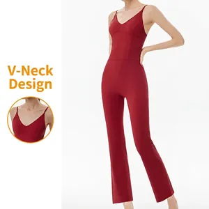 Deep red V-neck sleeveless yoga jumpsuit with high waist and flared leg style