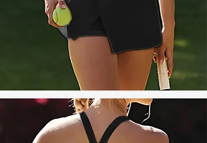 Detail of black V-neck tennis dress featuring a cross-back sports bra and slit skirt