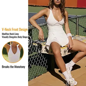 White V-neck athletic tennis dress with built-in shorts and breathable sports fabric