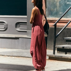 Street style brick red athletic jumpsuit set with drawstring pants and square neck top
