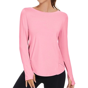 Pink women's UPF50+ yoga shirt with thumb holes and breathable fabric texture
