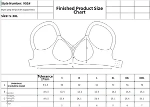 Detailed size chart for V-neck mesh soft support bra with measurements from S to 3XL