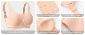 Detail view of seamless beige bra showing adjustable straps and comfort jelly support