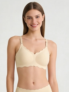 Close-up of seamless scalloped edge bra in nude beige with wire-free support