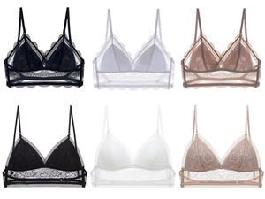 Lace bralettes in black white and beige featuring wireless triangle cups and floral patterns