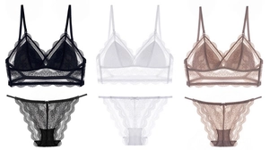 Flat lay of French lace lingerie sets with triangle cups in black, white and brown