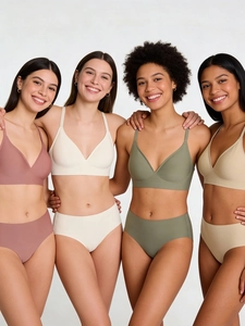 Detailed display of seamless wireless bras and panty sets in four assorted neutral colors