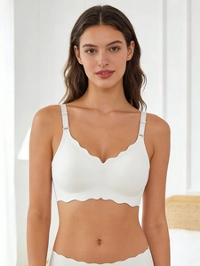 Detail of white seamless wireless bra with scallop wavy edges and adjustable straps