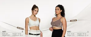 Size guide with models for seamless V-neck mesh wireless bra in white and coffee