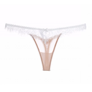 Detailed view of white floral eyelash lace thong with a satin bow and mesh texture