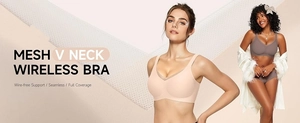 Detail of wire-free V-neck bra with breathable mesh and seamless support for full coverage