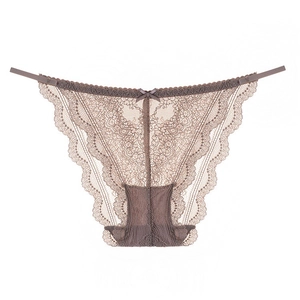 Elegant mauve floral lace low-waist panties with scalloped edges and ribbon bow detail