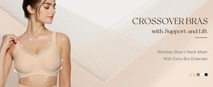 Detailed view of beige wireless V-neck bra featuring breathable mesh and support structure